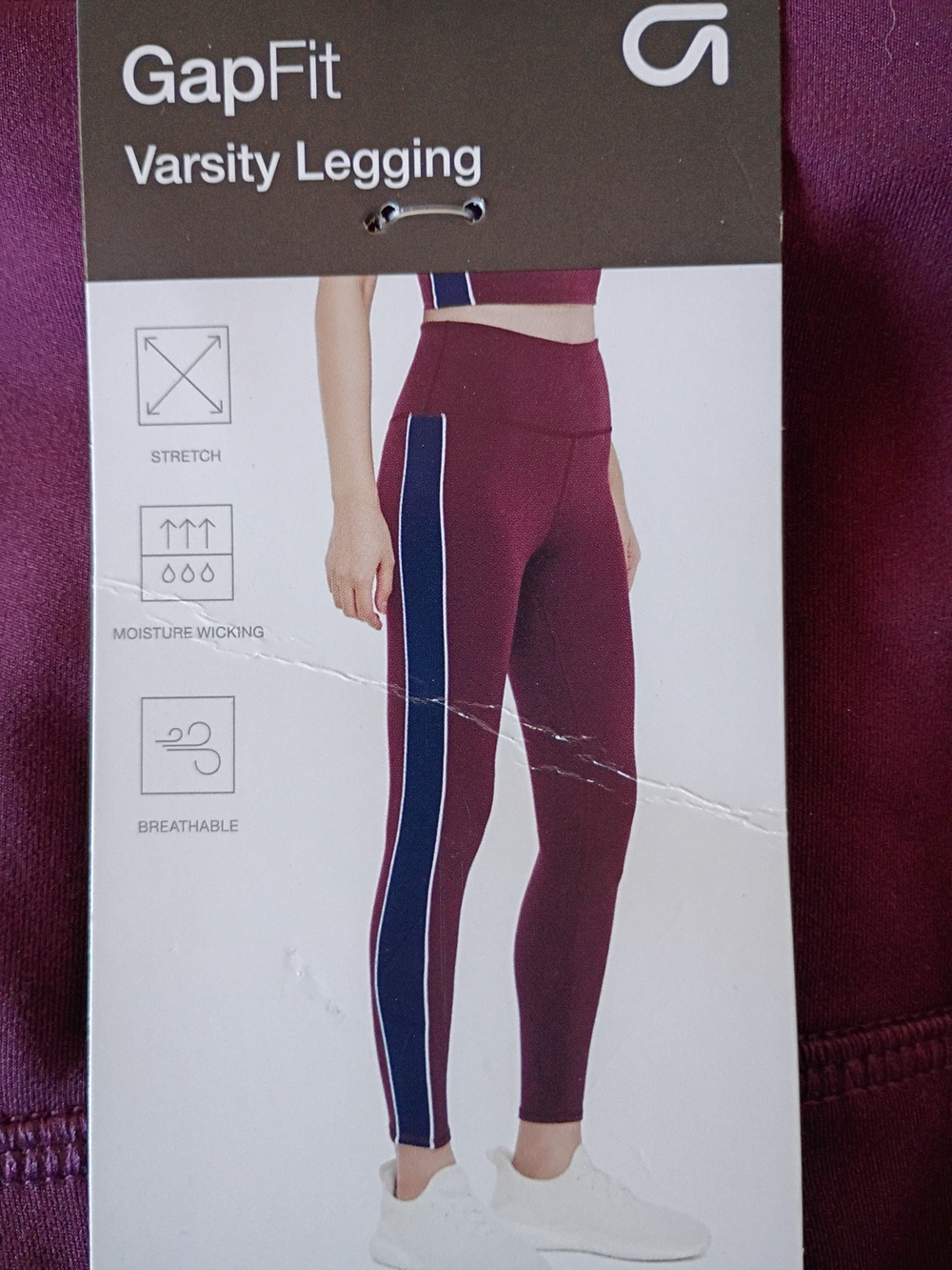 GAP Women's Burgundy Leggings with Navy and White Side Stripe Size L